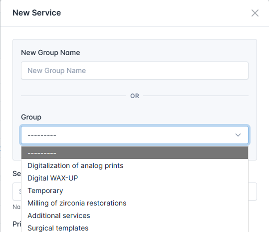 Service creation form