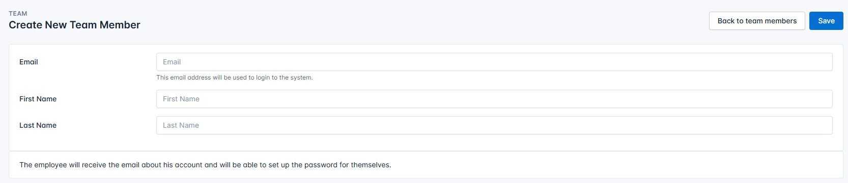 Team member creation form