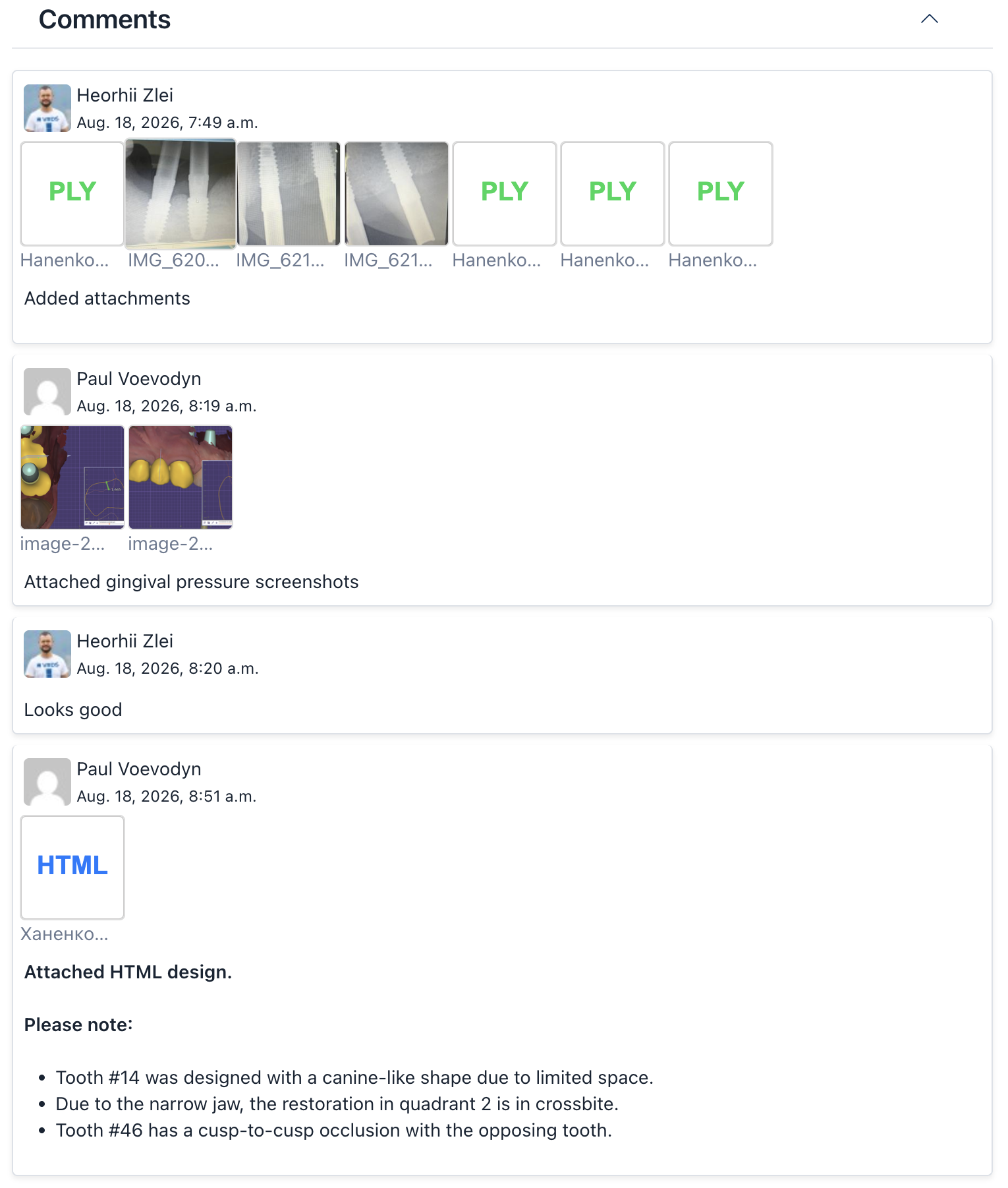 Screenshot of an order card, Comments tab: messages with author, time and attachments
